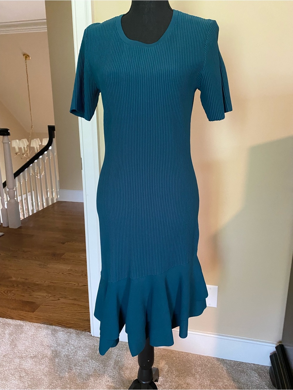 Diane Von Furstenberg Teal Ribbed Midi Dress with Flounce Hem